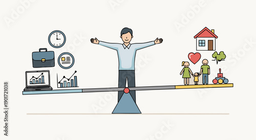 Man balances work and family life on a scale, achieving harmony and stability in daily routine.