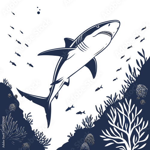 Shark swimming among coral reef with seaweed and small fish