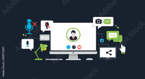 A computer screen displaying a person's profile, surrounded by various multimedia icons and symbols, illustrating online communication, from a straightforward viewpoint.