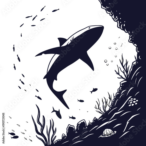 Shark silhouette swimming underwater near ocean floor with seaweed and small fish