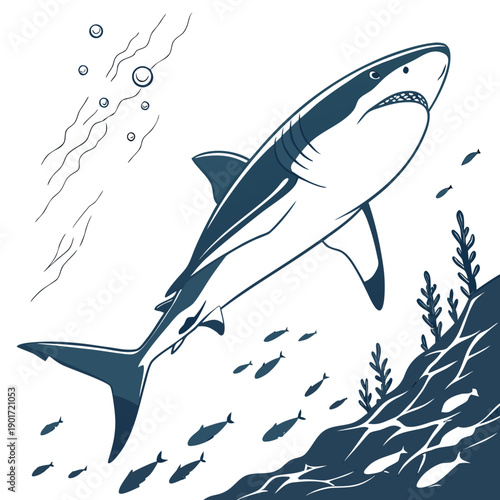 Shark swimming calmly in deep ocean with seaweed and school of fish