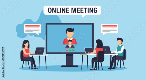 People participating in an online meeting from different locations on their laptops and desktops in a virtual conference setting