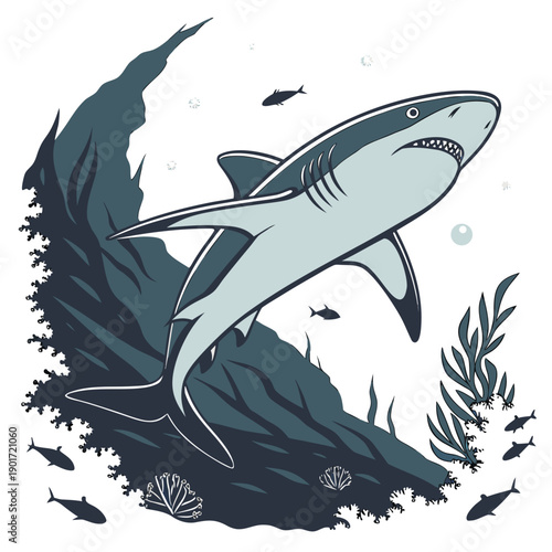 Shark swimming diagonally with seaweed and small fish