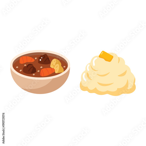 Home cooking class icons, hearty stew bowl and creamy mashed potatoes, comfort dinner illustration, family kitchen training session vector