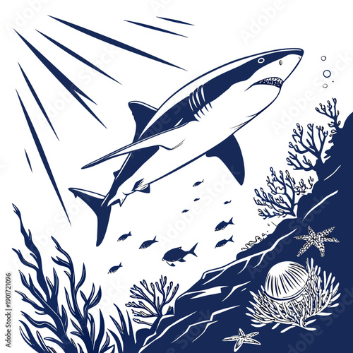 Shark swimming near ocean floor with seaweed and fish