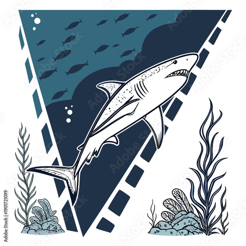 Shark swimming diagonally through cinematic underwater scene with seaweed and school of fish