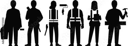 Construction Workers Vector Illustration Set with Builders, Helmets, and Tools