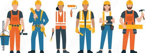 Construction Workers Vector Illustration Set with Builders, Helmets, and Tools