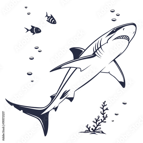 Shark swimming with small fish and seaweed underwater 1
