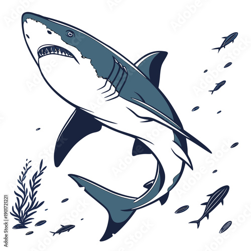 Shark swimming with smaller fish and seaweed underwater