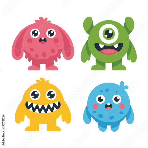 Cartoon monster set with pink fluff, green cyclops, yellow toothy beast and blue swimmer, characters for sticker packs and posters