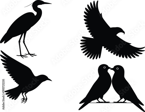 Black bird silhouette set flying perched kissing love birds isolated white background wildlife illustration vector design nature clipart minimal graphic