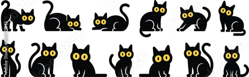Black cat silhouette set cute cartoon kitten with yellow eyes isolated white background vector illustration pet clipart collection