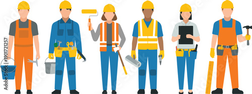 Construction Workers Vector Illustration Set with Builders, Helmets, and Tools