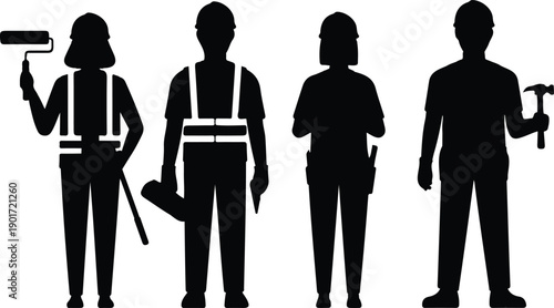 Construction Workers Vector Illustration Set with Builders, Helmets, and Tools
