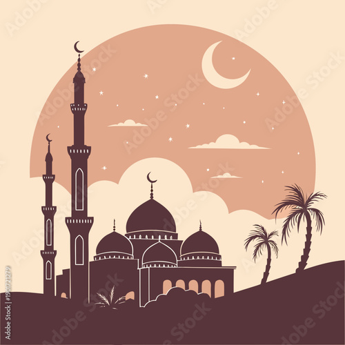 Islamic mosque silhouette at twilight with palm trees and crescent moon