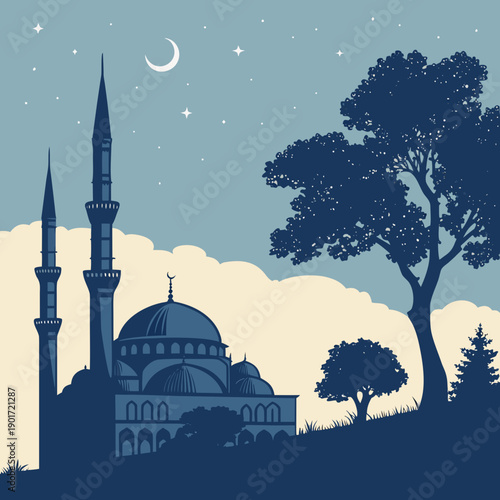 Islamic mosque silhouette at night under starry sky with crescent moon