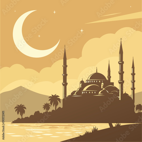 Mosque silhouette at sunset with crescent moon minarets