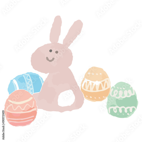 幼稚園・保育園向け 4月のやさしい水彩挿絵イラストシリーズ｜イースターエッグとウサギ Easter Bunny and Egg Watercolor Illustration