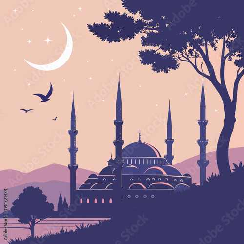 Mosque silhouette at twilight with crescent moon and trees