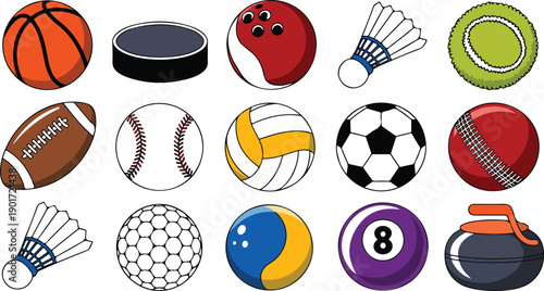 Sports Ball and Equipment Vector Illustration Set in Colorful Flat Style