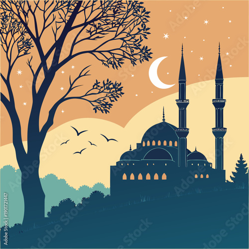 Mosque silhouette at twilight with tree and crescent moon
