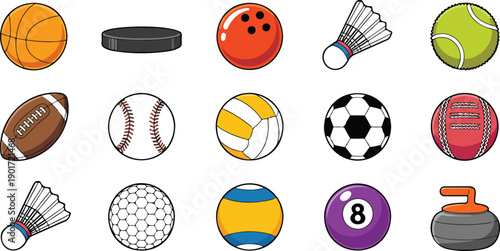 Sports Ball and Equipment Vector Illustration Set in Colorful Flat Style