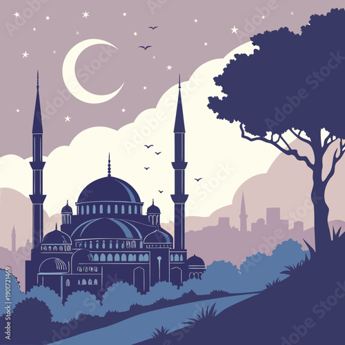 Mosque silhouette under moonlit sky with trees and cityscape