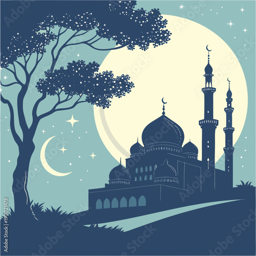 Mosque silhouette under moonlit sky with tree night sky