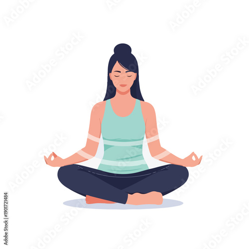 A woman sits cross-legged with eyes closed