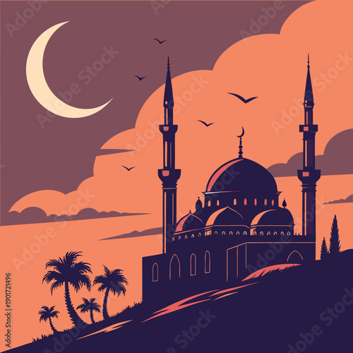 Mosque silhouette with crescent moon and palm trees at dusk