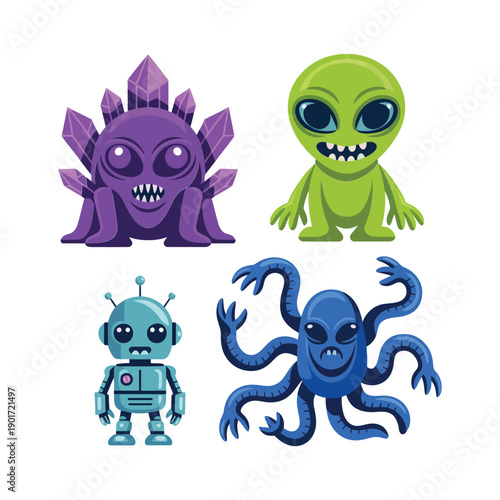 Alien and mutant monsters set with tentacles, spikes, creepy grin, Halloween invasion poster, science fiction game asset, comic vector.