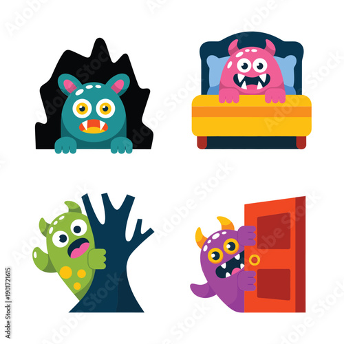 Funny bedroom and cave monsters set, family halloween festival poster, scavenger hunt session, bedtime tales stage, selfie corner backdrop