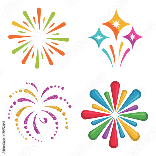 Colorful fireworks burst icons for new year countdown, festival of lights poster, pyrotechnics show schedule, viewing zone session details