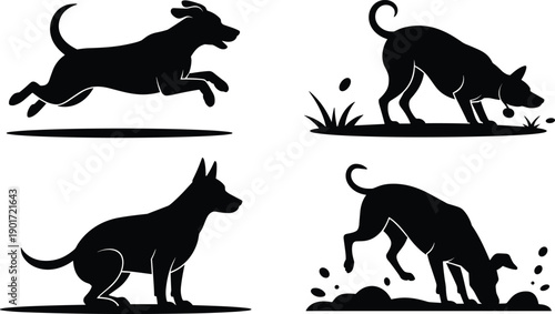 Dog silhouette set running sniffing sitting digging isolated white background black pet vector illustration animal clipart collection