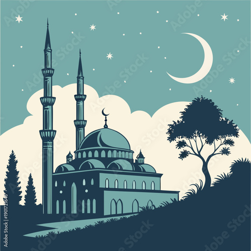Serene mosque skyline with crescent moonlight minarets