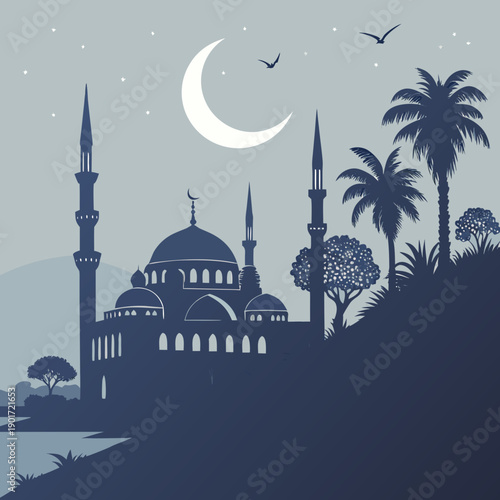 Serene mosque skyline with crescent moonlight palm trees