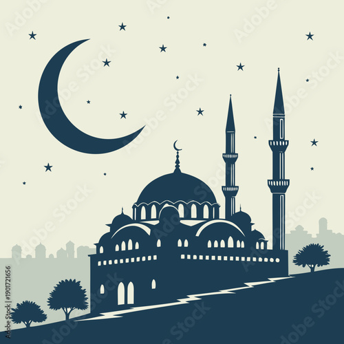 Serene mosque skyline with crescent moonlight stars