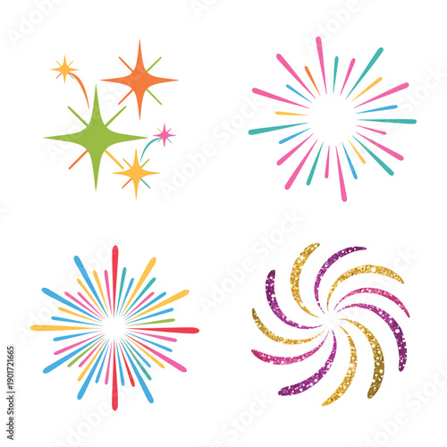 Festive fireworks collection, multicolor rockets and sparkles, holiday carnival branding, stage program lineup, safe viewing session guidelines for families