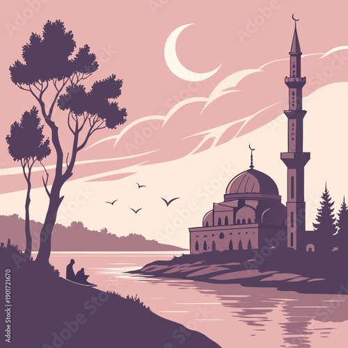 Serene mosque by tranquil lake at twilight with crescent moon