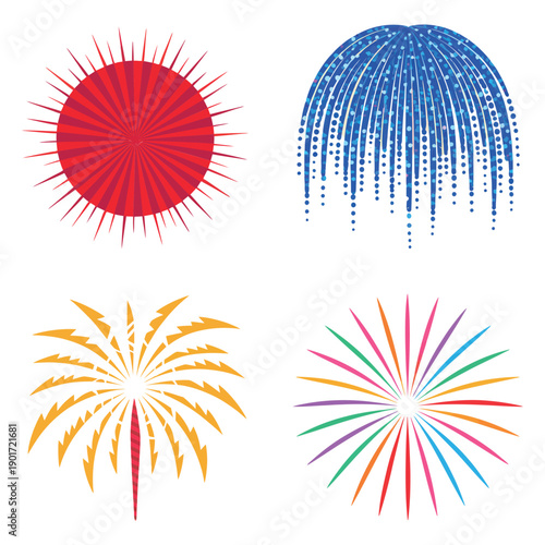 Chrysanthemum and willow fireworks icons, summer festival branding, pyrotechnic showcase schedule, reserved seating session, family lawn area with blankets