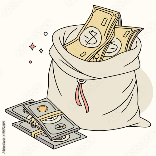 Beige money bag with yellow and gray bills and coins