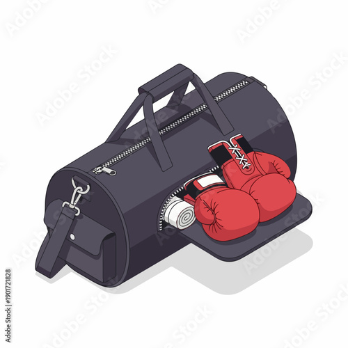 Isometric Detailed Sport Bag with Boxing Gloves and Water Bottle Illustration