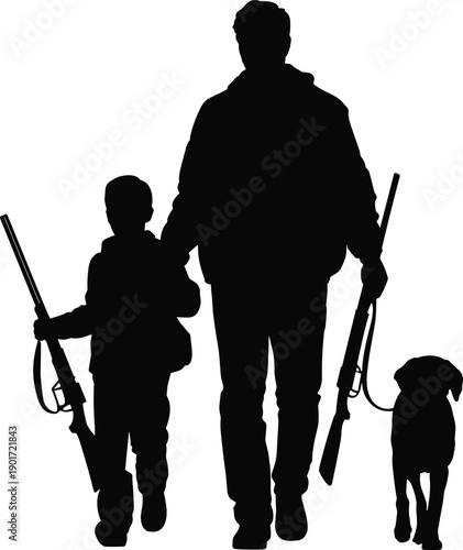 Father and son hunting silhouette with dog walking isolated white background outdoor lifestyle vector illustration