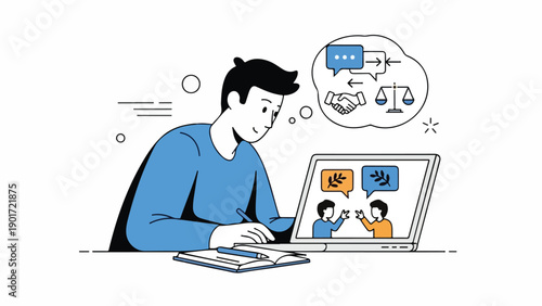 A man works on laptop with two people on screen