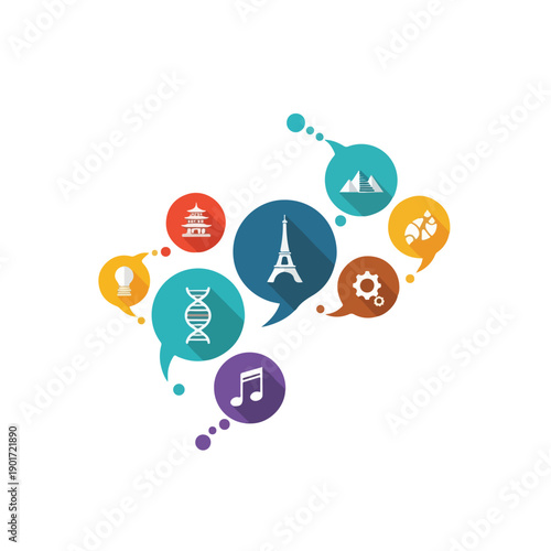 A colorful graphic featuring various icons