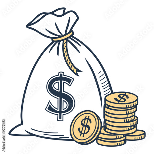 Money bag with dollar sign and coins investment finance