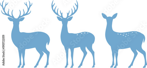 Blue Deer Silhouette Vector Set with Grazing and Standing Poses