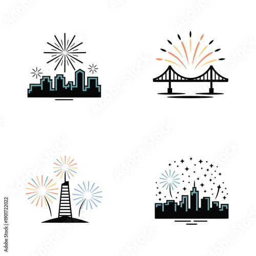 City skyline fireworks celebration vector set with bridge silhouette, festival night show, independence day, new year party design illustration