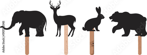 Forest animal silhouette sign set elephant deer rabbit bear isolated white background vector illustration
